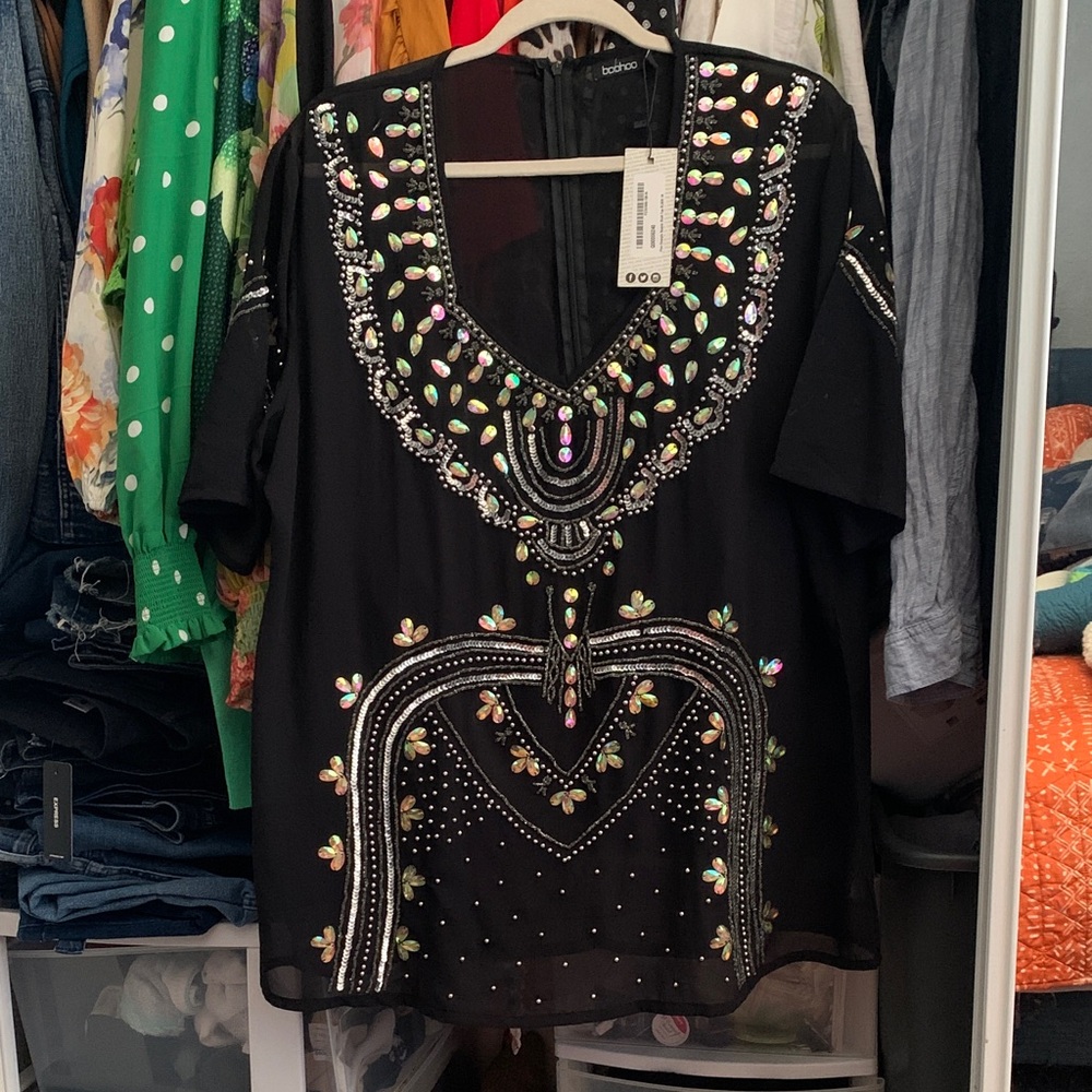 Black Embellished Blouse with Colorful Accents